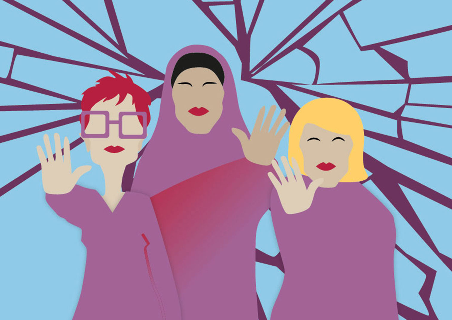 Gewaltschutz-80-web Illustration von Frauen, die abwehrend eine Hand hoch halten, das Logo des Frauen- und Kinderschutzhauses ist integriert.