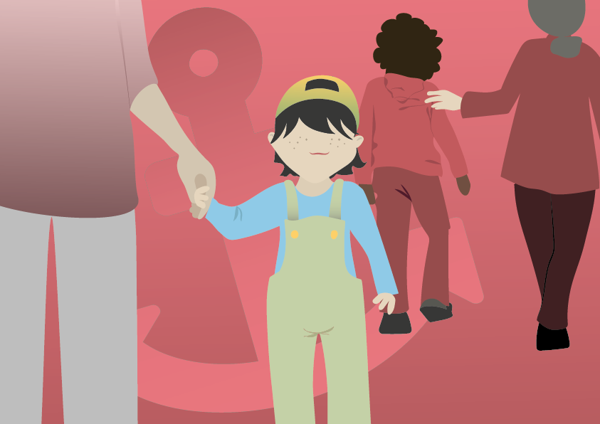 apkd Illustration eines Jungen an der Hand eines Erwachsenen, im Hintergrund ein weiter, etwas älterer Junge