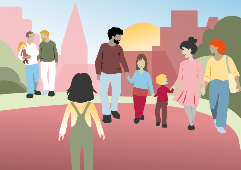 azhe Illustration einer Familie, die auf einen Sonnenaufgang zugeht