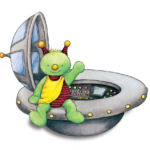 gezeichnete Schildkröte vor einem kleinen Ufo
